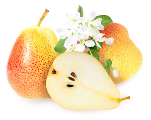 Image showing Fresh yellow-orange pears with green leaf