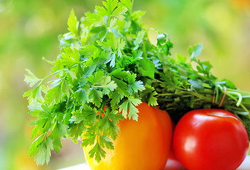 Image showing Aromatic herb, tomato and yellow pepper