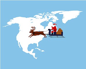 Image showing Santa Claus riding on his reindeer sleigh high above northamerica