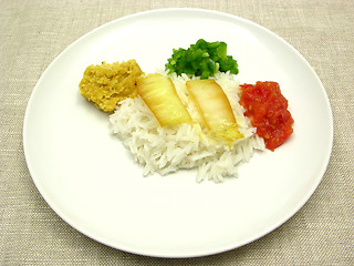 Image showing Rice dish with vegetable, lentils and dips