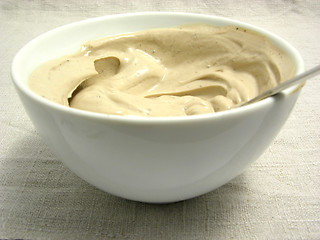 Image showing Quark cheese mixed as dip in a bowl of chinaware on a placemat