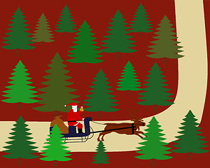 Image showing Santa Claus is riding on his reindeer sleigh through the forest