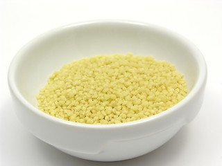 Image showing Yellow couscous in a white bowl of chinaware