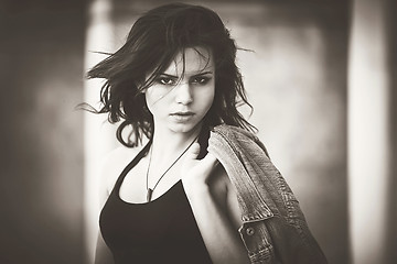 Image showing Girl with a denim jacket. Bw