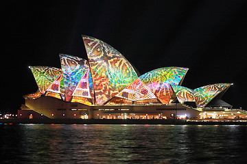 Image showing Colourful reptile snake pattern on Sydney Oper House during Vivi