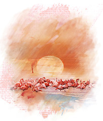Image showing Watercolor Image Of  Flamingos