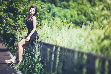 Image showing Girl in black dress on fence