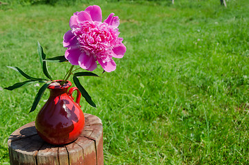 Image showing peony in clay handmade pitcher on stump outdoor 
