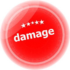 Image showing damage word on red web button, label, icon