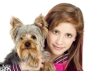 Image showing smiling young girl with her pet yorkshire