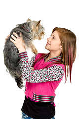 Image showing smiling young girl with her pet yorkshire