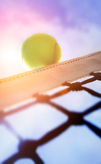 Image showing Tennis ball on net´s edge