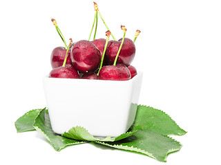 Image showing Small square bowl filled with juicy sweet cherry