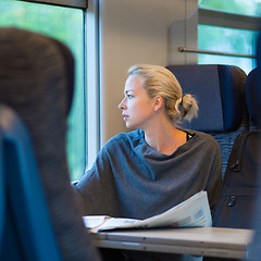 Image showing Lady traveling by train.