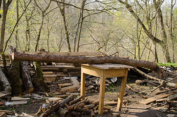 Image showing board logs piles and wooden table for cutting log  