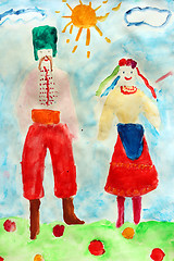 Image showing Children's drawing of people in Ukrainian suits