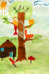 Image showing Children's drawing of learned cat on the tree