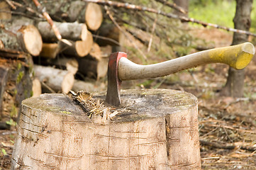 Image showing Axe with logs