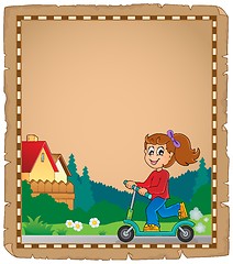 Image showing Parchment with girl on push scooter