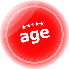 Image showing age word on red stickers button, label