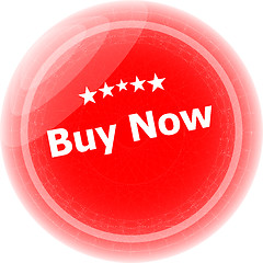 Image showing buy now word on red stickers button, business label