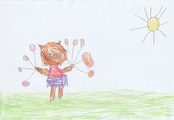 Image showing Children drawing - kitty in a dress with beads