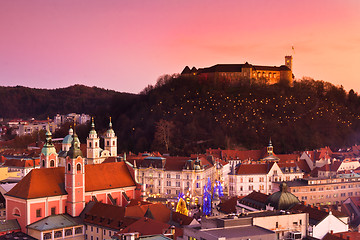 Image showing Panorama of Ljubljana at dusk.