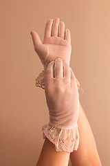 Image showing female hands modeling vintage see through gloves