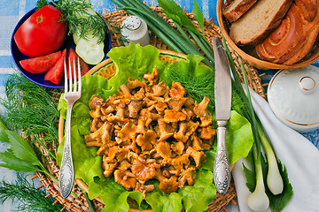 Image showing Fried mushrooms of chanterelle on a dish together with lettuce l