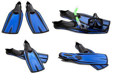 Image showing Set of blue swim fins, mask and snorkel for diving