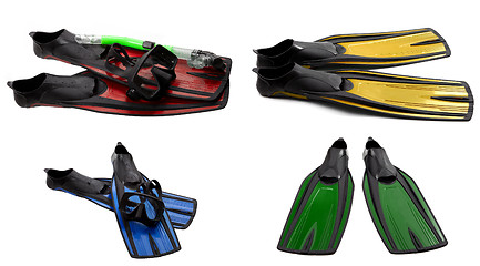 Image showing Set of multicolored swim fins, mask and snorkel for diving 