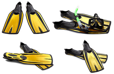 Image showing Set of yellow swim fins, mask and snorkel for diving
