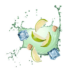 Image showing water splash with lime, ice and sugar isolated