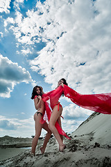 Image showing Sexy topless girls relax on sand