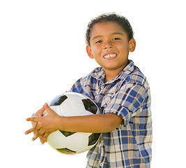 Image showing Mixed Race Boy Holding Soccer Ball on White