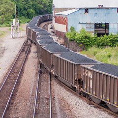 Image showing slow moving Coal wagons on railway tracks