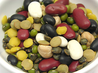 Image showing A close-up view on mixed and colourful legumes in a bowl of chinaware