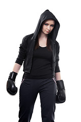 Image showing Young woman in boxing gloves on a white background