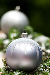 Image showing Silver Christmas ornaments in leaves