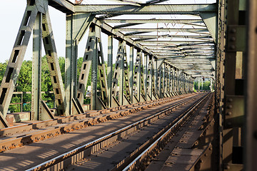 Image showing Empty railroad tracks on scale bridge