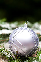 Image showing Silver Christmas ornaments in leaves