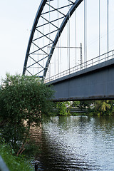 Image showing Empty railroad tracks on scale bridge