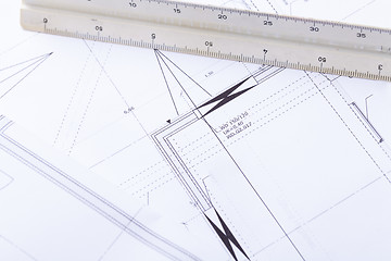 Image showing architect blueprints equipment objects workplace