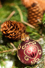 Image showing Red Christmas balls with pine cones