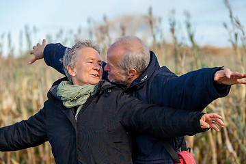 Image showing Elderly couple embracing and celebrating the sun