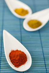 Image showing Dried ground spices in ceramic spoons