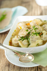 Image showing Dish of savory pork tortellini in broth pelmeni russian