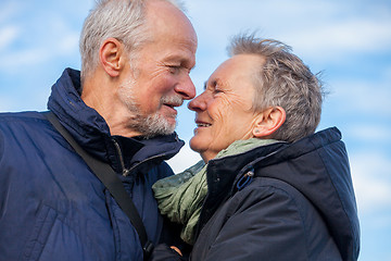 Image showing Elderly couple embracing and celebrating the sun