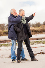 Image showing happy elderly senior couple walking on beach