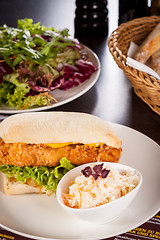 Image showing Burger with golden crumbed chicken breast